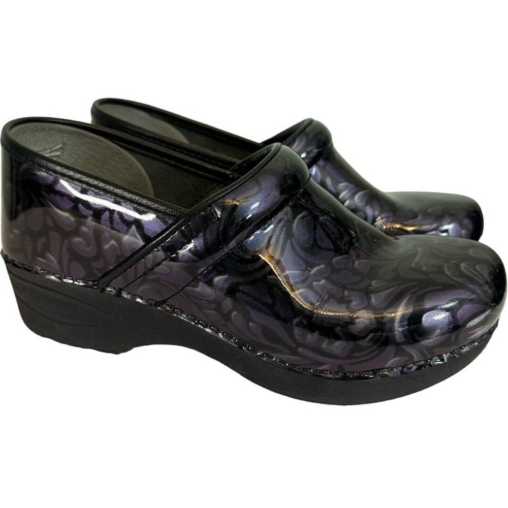 Dansko Black and Purple Patterned Mules